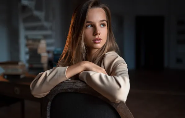 Look, girl, light, face, pose, table, room, books