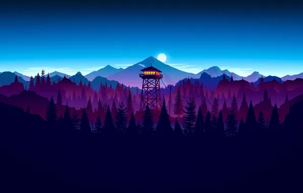 Picture moon, game, forest, sky, night, cloud, kumo, Firewatch