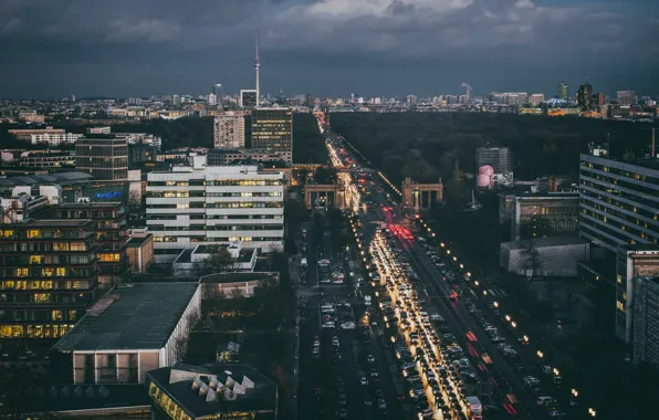 Transport, Avenue, Germany, twilight, cars, Berlin, city center, rainy