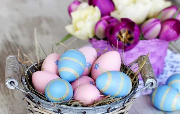 Eggs, colorful, Easter, tulips, happy, Easter, Holidays, Tulips