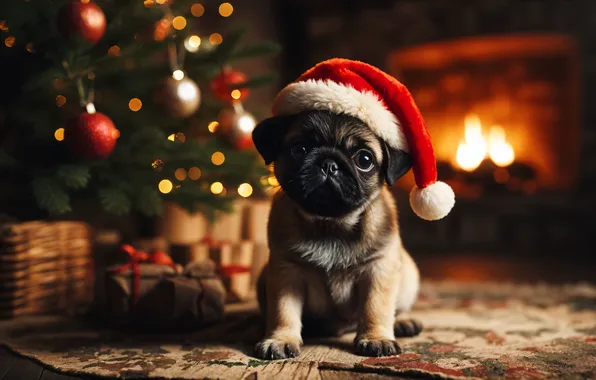 Dog, Christmas, pug, puppy, New year, fireplace, Christmas tree, the Santa hat