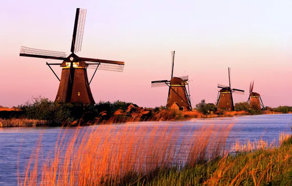 Grass, channel, Holland, Mill