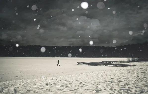 Ice, snow, trees, river, loneliness, grey, people, pierce