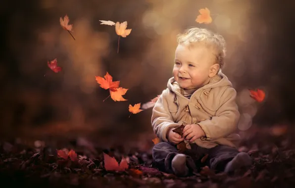 Picture autumn, leaves, nature, boy, baby, jacket, child, bokeh
