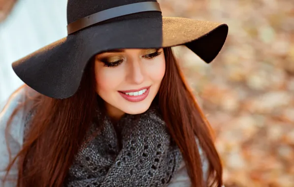 The sun, face, eyelashes, smile, portrait, hat, makeup, scarf