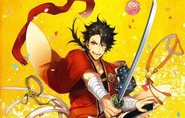 Smile, katana, samurai, yellow background, bandages, red scarf, pauldron, touken ranbu