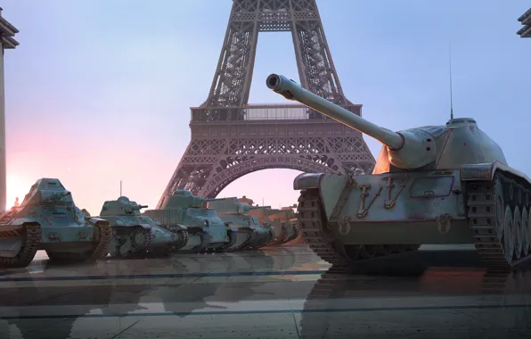 Picture dawn, France, Paris, Eiffel tower, tanks, World of Tanks, WOT