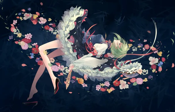Flowers, the dark background, magic, vortex, green hair, wreath, cap, art