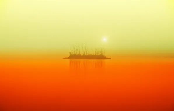 Picture landscape, sunset, fog, lake, island