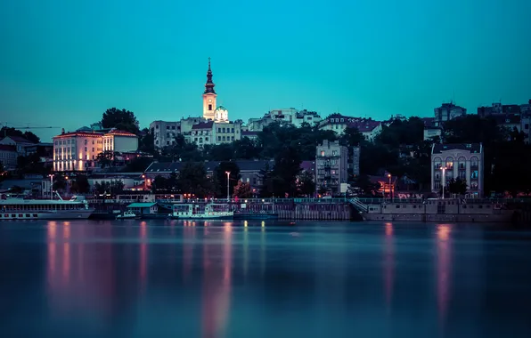 Night, lights, river, home, lights, piers, Serbia, Belgrade