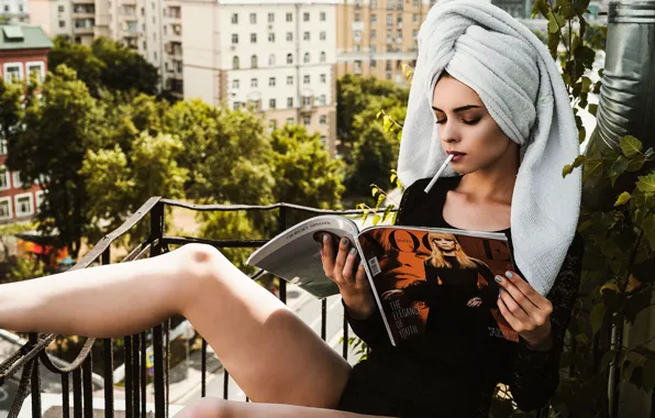 Girl, pose, towel, makeup, cigarette, balcony, leg, journal