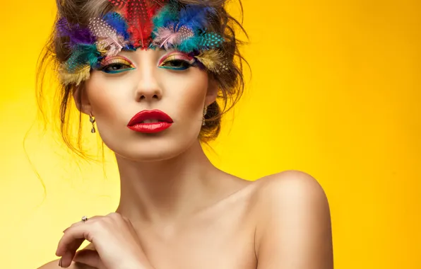 Picture eyes, look, girl, face, hand, feathers, makeup, shoulders
