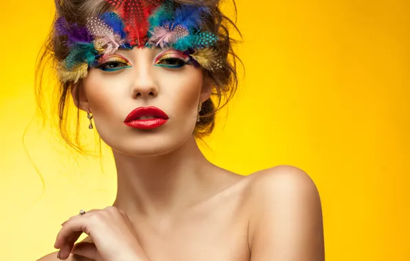 Eyes, look, girl, face, hand, feathers, makeup, shoulders