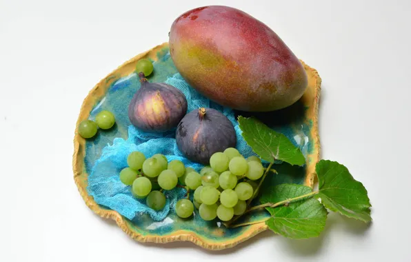 Leaves, berries, grapes, fruit, figs, gauze