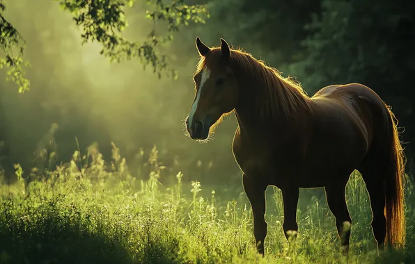 Greens, forest, grass, look, light, branches, horse, glade