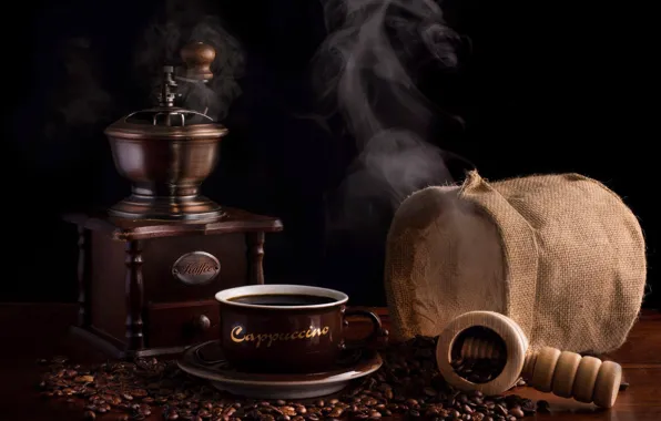 Picture coffee, coffee beans, aroma, pouch, coffee grinder