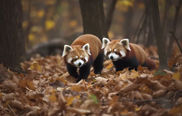 Autumn, forest, pose, glade, foliage, red Panda, walk, a couple