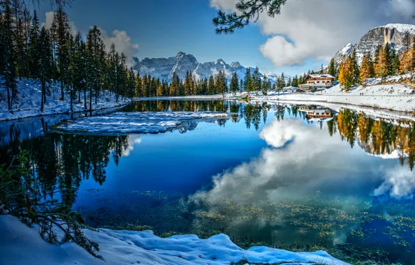 Winter, forest, snow, mountains, lake, house, reflection, Italy