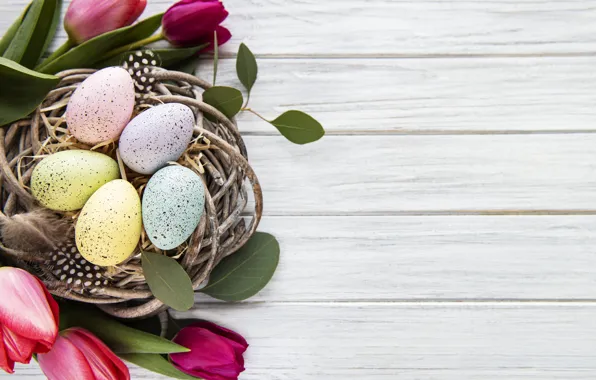 Flowers, eggs, spring, colorful, Easter, tulips, happy, wood