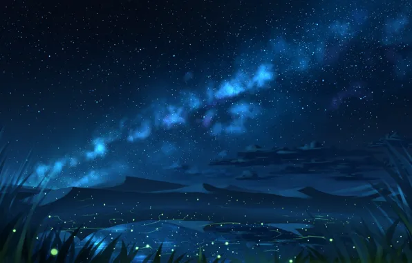 Picture sand, water, night, nature, fireflies, hills, the milky way