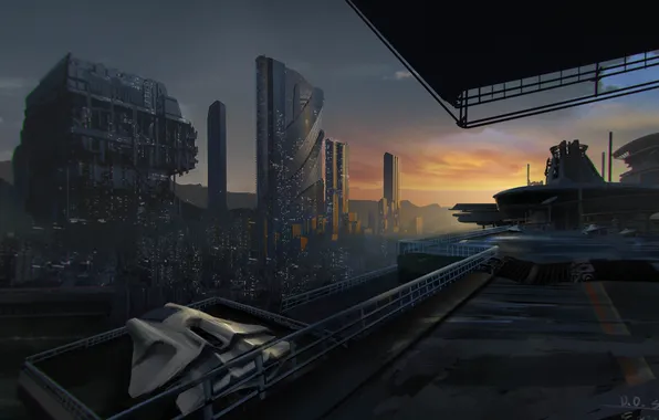 Sunset, the city, ship, art