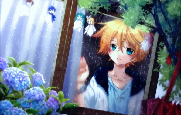 Flowers, rain, window, art, vocaloid, hatsune miku, Chibi, kagamine rin