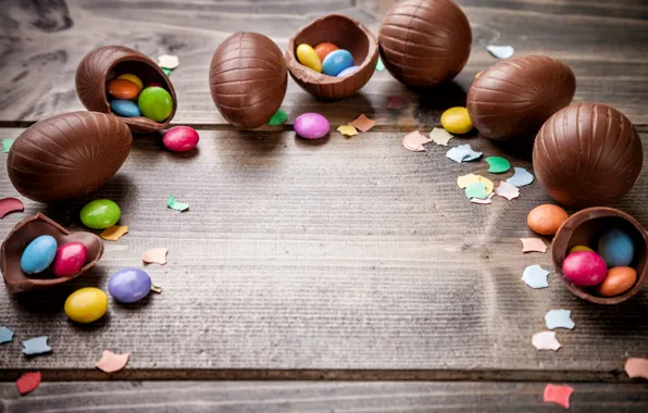 Picture chocolate, eggs, colorful, candy, Easter, wood, chocolate, spring