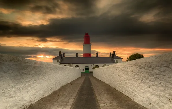 Road, sunset, lighthouse