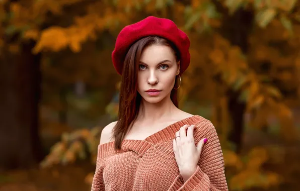 Picture autumn, look, trees, nature, pose, Park, background, model