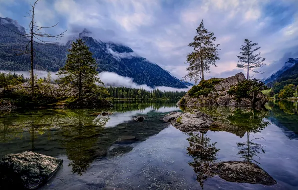 Forest, clouds, trees, mountains, lake, stones, Germany, Bayern