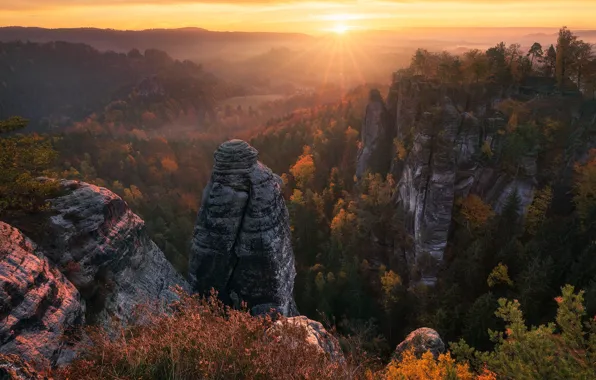 Autumn, mountains, rocks, Germany, Elbe Sandstone mountains