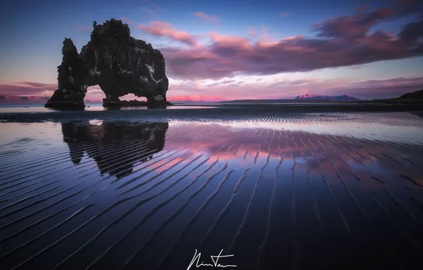 Beach, water, clouds, mountains, reflection, rocks, shore, arch