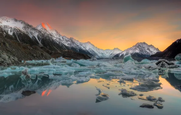 Winter, snow, sunset, mountains, lake, rocks, shore, tops