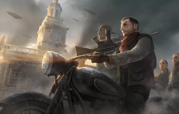 Picture the building, motorcycle, guys, Homefront The Revolution, vitovka