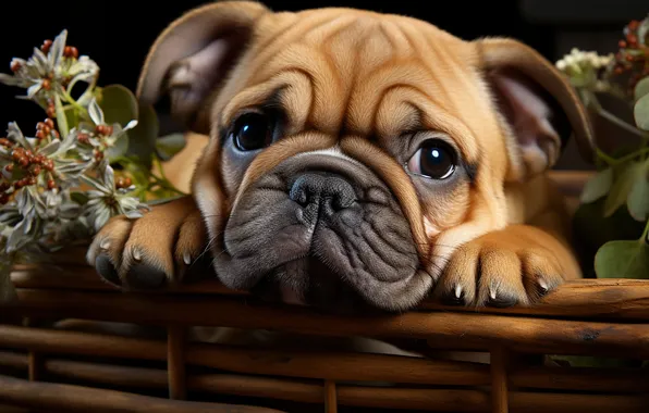 Look, flowers, pose, dog, pug, puppy, face, basket