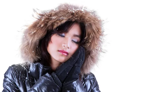Girl, snowflakes, face, pose, makeup, jacket, hairstyle, hood