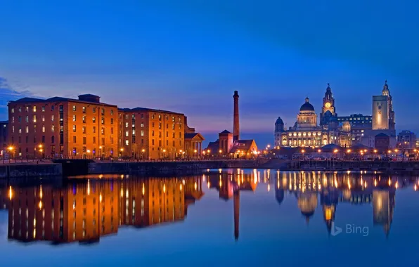 The sky, building, night city, promenade, the reflection in the water, Liverpool, Liverpool, waterfront