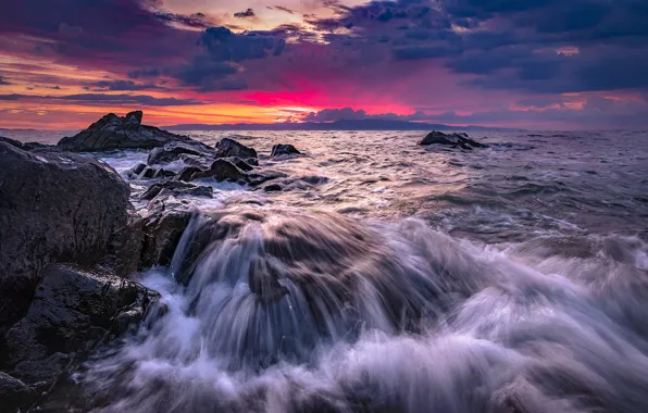 Picture sea, wave, sunset, stones, rocks, Marina