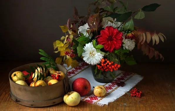 Flowers, apples, bouquet, still life, Rowan, dahlias, autumn leaves