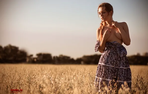 Field, summer, pose, hands, dress, Nick Mölln, Tatiana Fedorishcheva