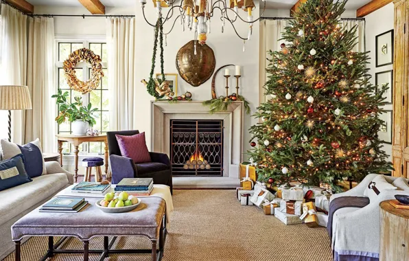 Decoration, heat, tree, New Year, Christmas, gifts, fireplace, living room