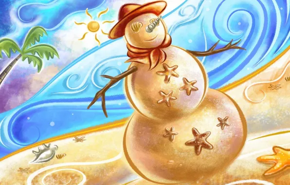 Sand, sea, beach, heat, new year, snowman, shell, snowman made of sand