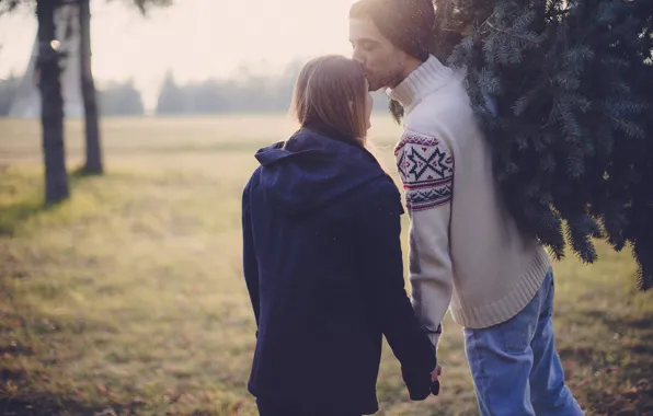 Girl, back, feelings, tree, kiss, jacket, pair, guy