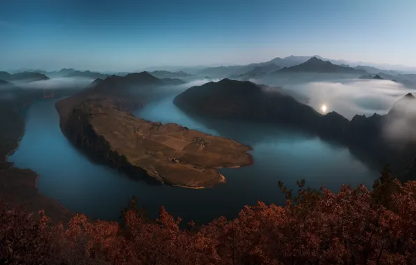 Autumn, forest, water, trees, mountains, nature, fog, river