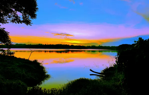 Sky, Sun, Water, Sunrise, Dawn, Morning, Lake, Trees