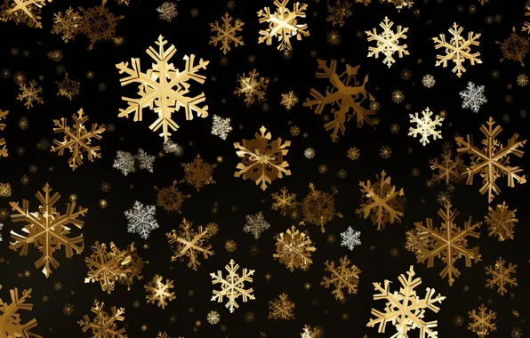 Snowflakes, background, gold, black, New Year, Christmas, golden, happy