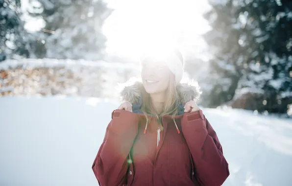 Winter, girl, smile, jacket, blonde, smiling