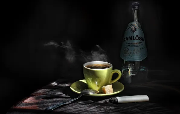 Picture bottle, coffee, lighter, spoon, sugar