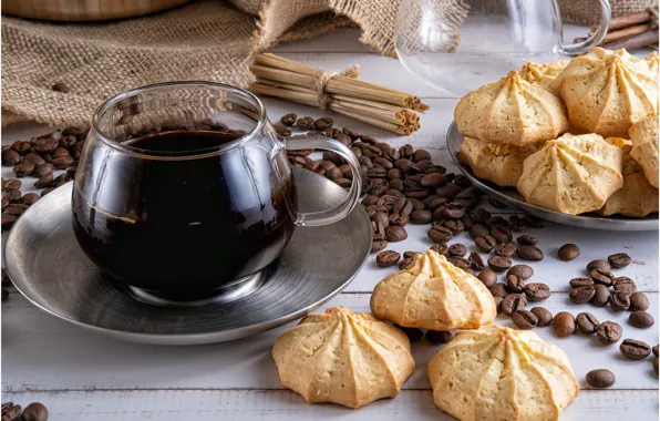 Picture coffee, Breakfast, cookies, Cup, coffee beans