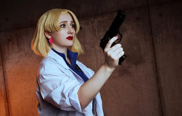 Girl, gun, blonde, costume, outfit, image, Bathrobe, cosplay